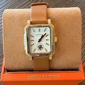 Tory Burch Robinson Luggage Leather Roller Bar Strap Watch NWT